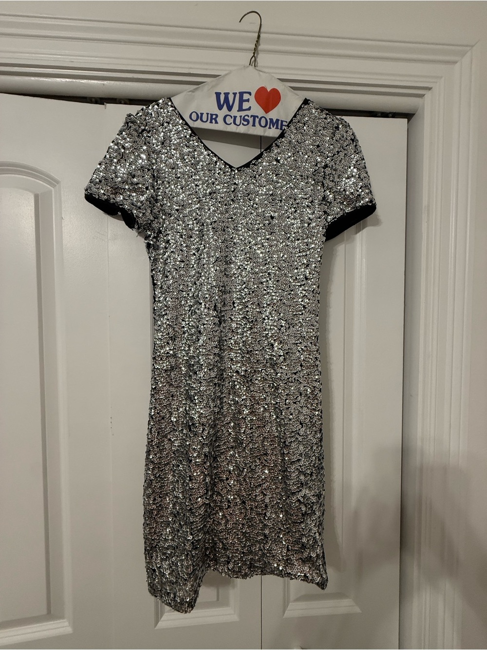 She + Sky Silver Sequin Short Dress with Black Trim